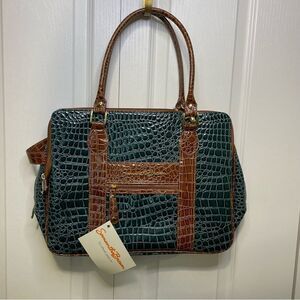 NWT Samantha Brown Croc Embossed Perfect Tote Travel Bag Green and Brown